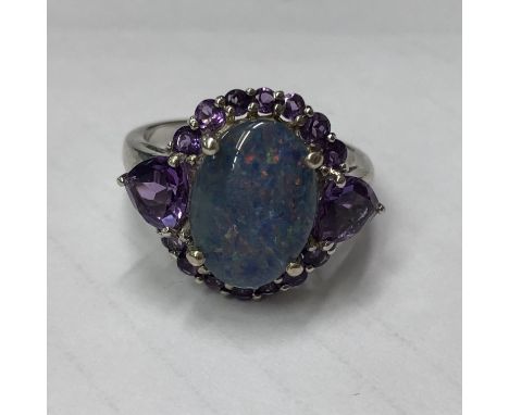 SILVER AMETHYST AND OVAL OPAL CLUSTER RING SIZE R/S 