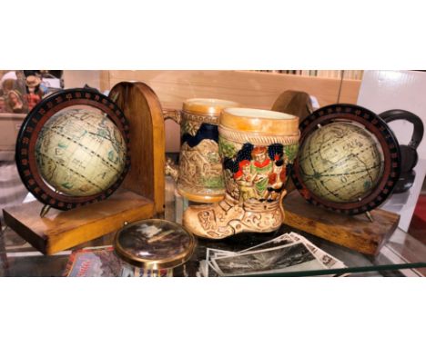 SHELF - TWO GLOBE BOOK ENDS, TANKARD AND STEIN, JOHN CONSTABLE HAYWAIN PLAQUE 