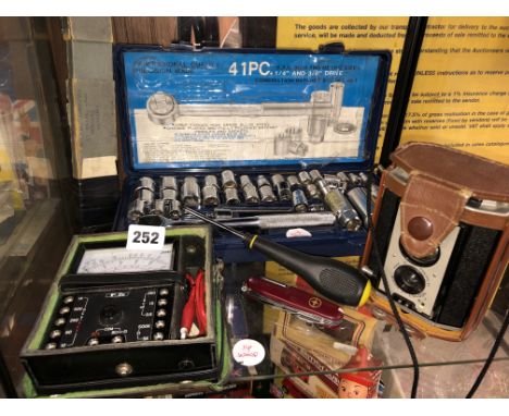 41 PIECE SOCKET SET, VINTAGE CAMERA, SLIDE RULE AND ELECTRICAL TESTER 