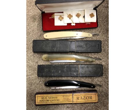 VINTAGE BARBERS RAZORS AND LAPEL BADGES 