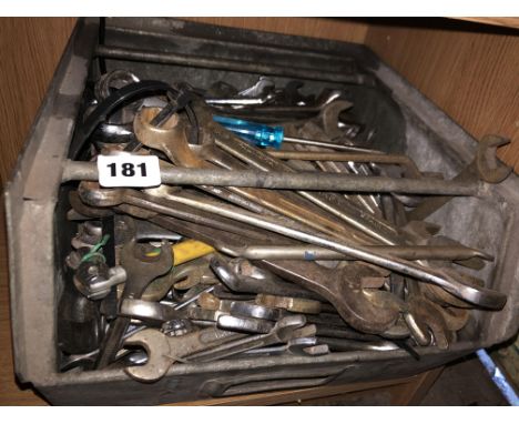 BOX OF VARIOUS RING SPANNERS, WRENCHES, ETC
