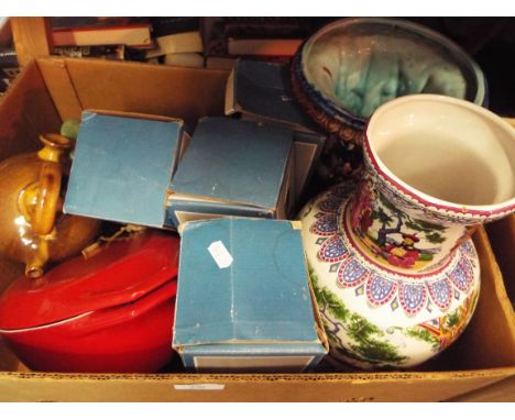 A modern Majolica urn, a Chinese baluster vase, boxed military figures etc and a Danish enamel and cast iron casserole dish