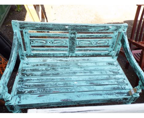 A blue painted wooden garden bench
