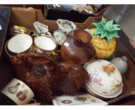 Miscellaneous ceramics to include two Davenport Imari jugs, a Doulton harvest jug, a terracotta teapot in the form of a chick