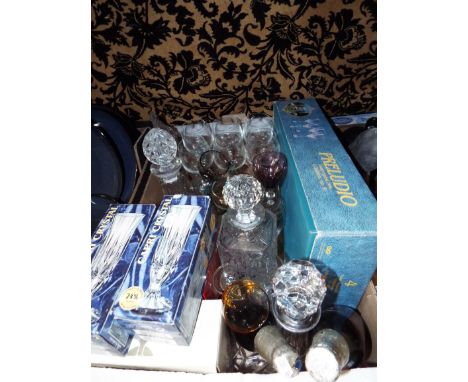 A box of assorted glassware to include decanter, glasses etc