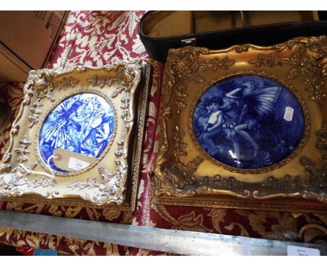 Two Royal Doulton blue and white ceramic convex wall plaques each with Cicely Mark Barker 'Flower Fairies' scenes housed in o