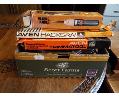 A mixed selection to include socket set, screwdriver, pot, rivet, hacksaw etc