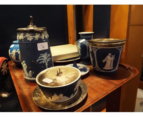 A selection of assorted Wedgwood Jasper ware items to include  teapot, silver plate lidded jug, vase, plate etc