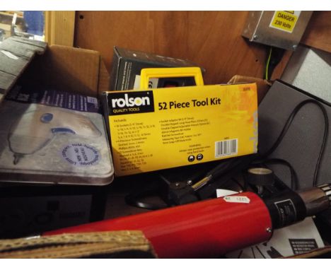 A box of miscellaneous to include Bose iPod docking station, boxed tools, lamp etc
