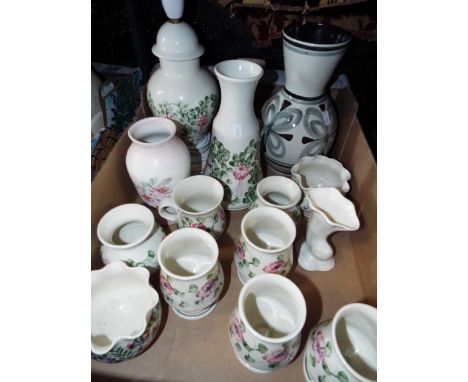 A quantity of hand painted floral pattern Cinque Ports The Monastery Rye vases, table lamp, mugs, goblets etc