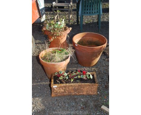 Terracotta planters, one 19" x 15",  20" trough and a tall large 20" high (some as found)