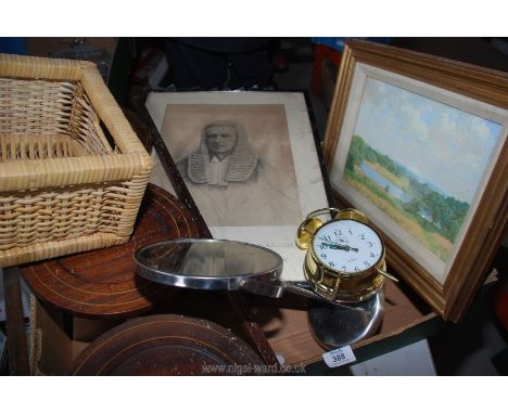 A box of miscellanea to include; a painting of Richmond Park, wooden cake stand (A/F), alarm clock, etc.