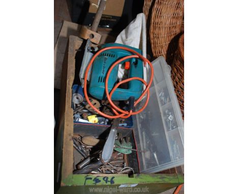 A box of assorted drill bits and plastic tray of nuts and bolts.