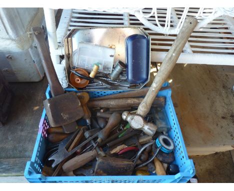 A plastic tray and a vintage tin and tools, mallet etc.