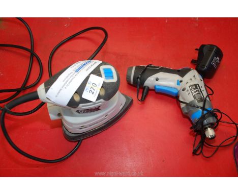 A small rechargeable drill with charger and a mouse hand operated orbital sander, (both working at time of lotting).