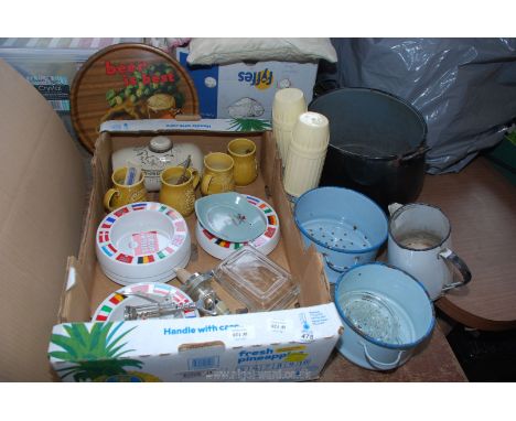 A box of china, pub ashtrays, old thermos, stew pot, enamel etc.
