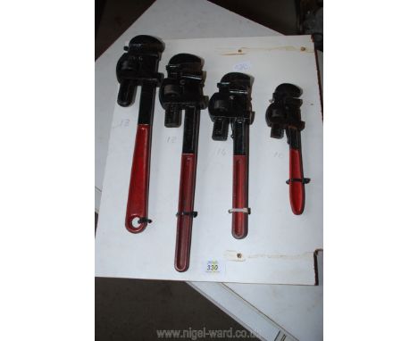 Four Stilsons/pipe wrenches ranging from 10" to 18".