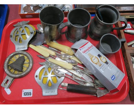 Automobile Club of California and two A.A car badges, pewter measures, cutlery etc:- One Tray