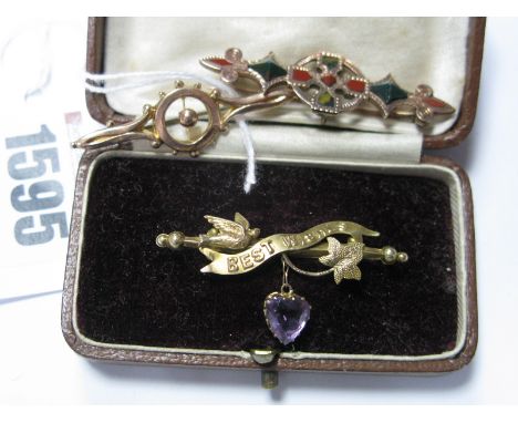 A Chester Hallmarked 9ct Gold Bar Brooch, of openwork design, with bead edge detail, a vintage "Best Wishes" bar brooch, with