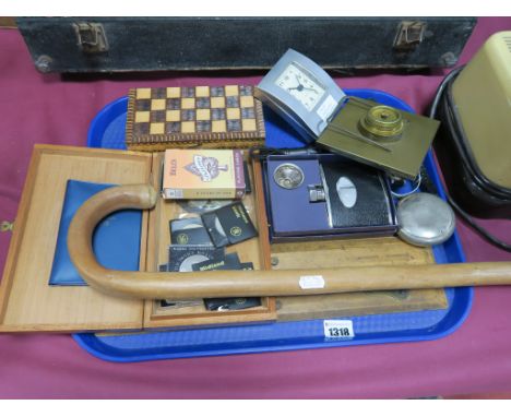 A Collection of Nickel Crowns, Kuntz, Baste &amp; Lange easel clock, parallel rule, wristwatches, chess set, hip flask set et