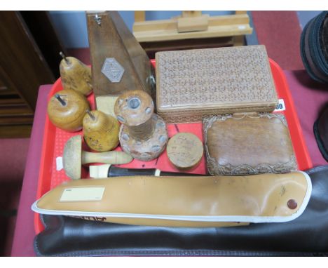 Maelzel Metronome, Aulos Recorders, boxes, carved fruit etc:- One Tray