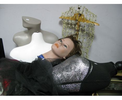 Two Shop Mannequin Heads, a mannequin half length torso, two dressmakers dummies, etc. (3)