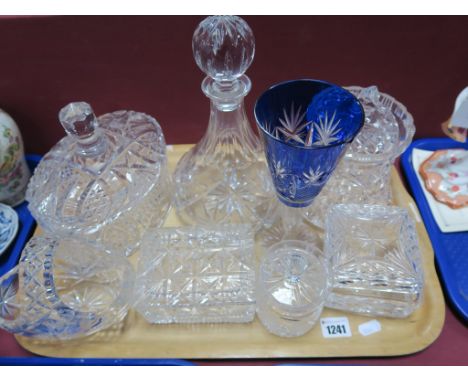 A Ships Decanter, biscuit barrel, oval glass box, posy basket, etc:- One Tray