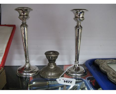 A Pair of Hallmarked Silver Candlestick, inscribed, (one damaged); together with a hallmarked silver dwarf candlesticks. (3)