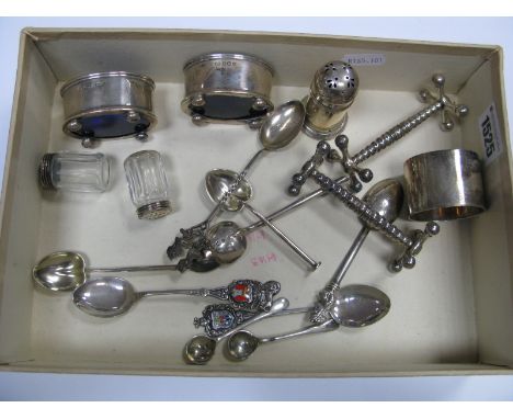 A Pair of Hallmarked Silver Salts, with blue glass liners, a pair of knife rests, Edward Hutton novelty spoon with, detail, s