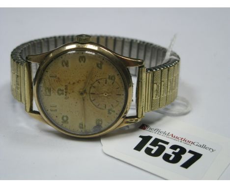 Omega; A vintage 9ct Gold Cased Gent's Wristwatch, the signed dial (damages/discoloured) with Arabic numerals and seconds sub