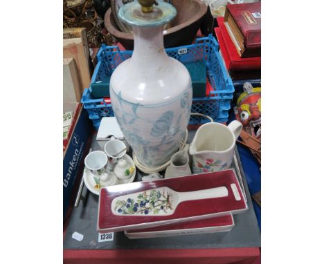 Bottle Stopper, ceramic lamp, porcelite preserve jar, ladle, cake slice.