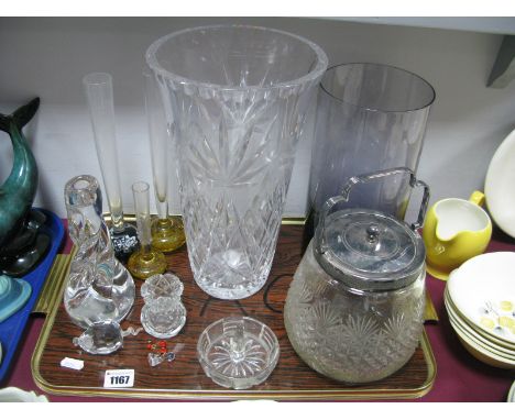 Sevres Glass Candlestick of Wrythen form, 17.5cm high, Amethyst cylindrical vase, biscuit barrel with plated lid, other glass