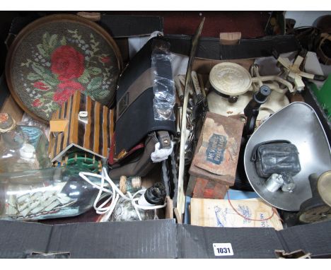 Scales, cigarette cards, stamps, microscope, binoculars, ships in bottles, bag, stool etc:- Two Boxes.