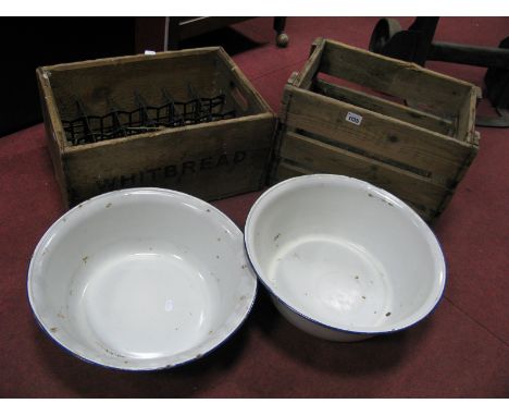 Whitbread and Canada Dry Wooden Advertising Crates, two enamel basins.