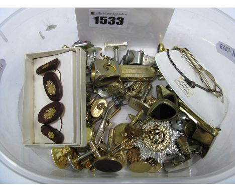 A Mixed Lot of Assorted Gent's Cufflinks, tie slides, enamel pins, and two cigar cutters etc.