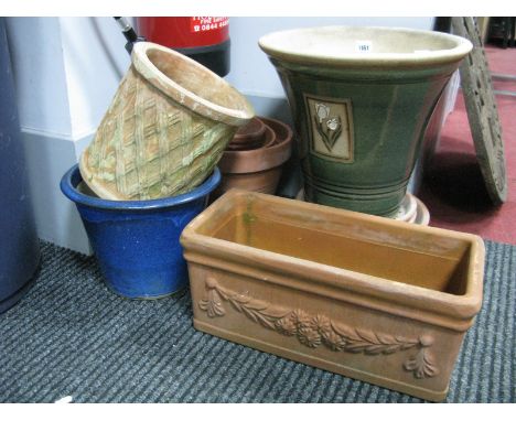 A Quantity of Terracotta and Glazed Garden Planters; terracotta flower trough.