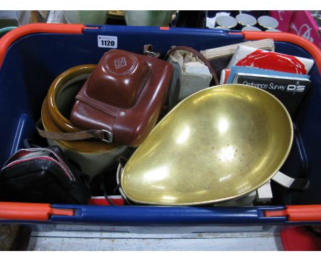Victor Scales, with brass pan and eight graduated weights, stoneware jars, Espio Pentax and Agfa cameras, maps:- One Box