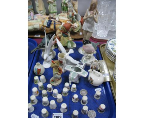A Wallendorfer Porcelain Standing Lady, Goebel 'Little Gardener', 'Mother Darling' Hungarian porcelain birds, China thimbles,