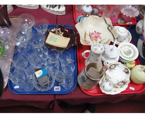 Ruby Glass Dish, pint cider mug, Doulton small jug, moustache cup and saucer, other ceramics and glass ware, ration books:- T