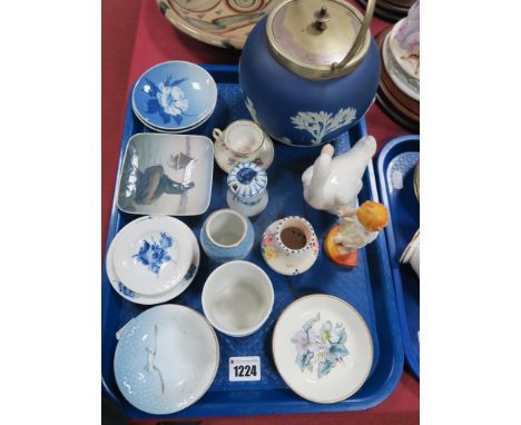 A Royal Worcester Figure, modelled by F.G Doughty "Joan", Royal Copenhagen pin tray Langeline, Wedgwood biscuit barrel etc:- 