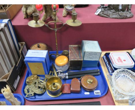 Brass Trench Art Shell Case, candlestick, oak tea canister, travelling iron, 33ft rule, etc:- One Tray