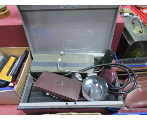 Geometry Set, clinical thermometers, stethoscope etc in metal tin