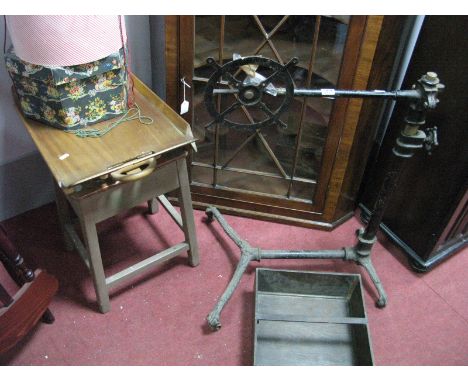 Early XX Century Cast Iron Extendable Bed/ Tray Stand, stool, teak bed tray, vintage ladies hats, hat boxes.
