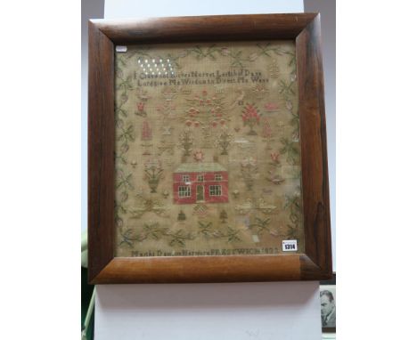 A XIX Century Sampler by Martha Dawson, Prestwich 1832, hand stitched with verse, foliage, trees and house 47.5 x 41cm