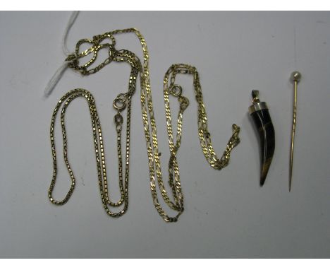 A 9ct Gold Figaro Link Chain, a 9ct gold box link chain, a stick pin, with pearl detail, a horn shape pendant.