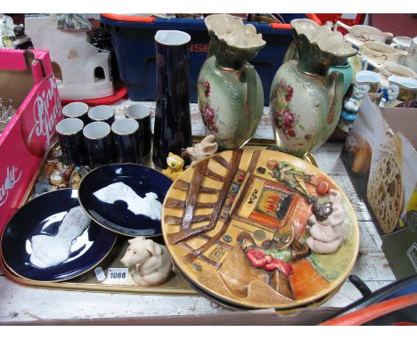 Echt Kobalt Decanter and Six Matching Cups, two similar cabinet plates, Wade whimsies, pair of late Victorian twin handled va