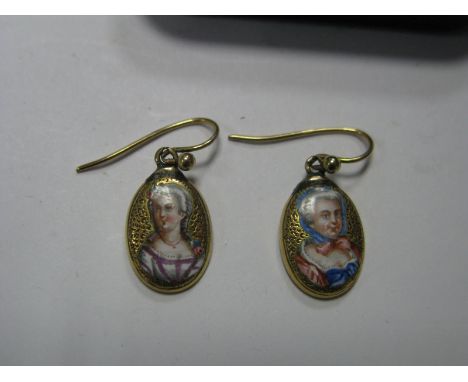 A Pair of Enamel Miniature Style Drop Earrings, depicting female profiles.