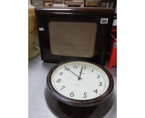 Smiths Brown Bakelite Circular Cased Wall Clock, 29.5cm diameter and speaker.
