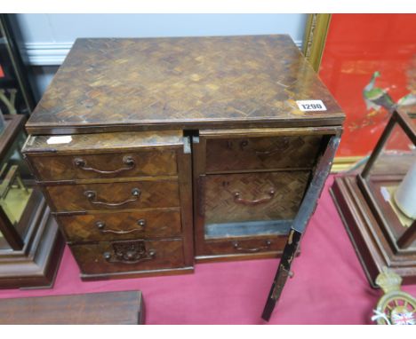 An Early XX Century Japanese Parquetry Wooden Jewellery Box as a Desk, three sectional, four graduated drawers to left, three