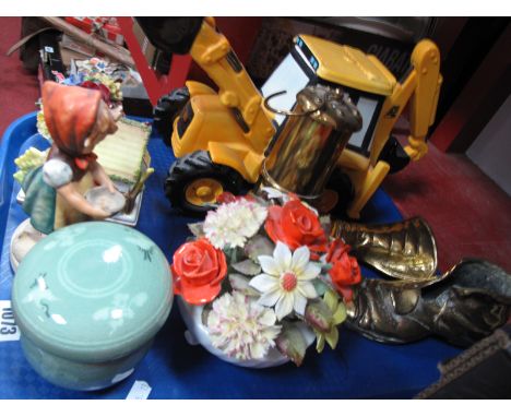 JCB Teapot, Hummel figure, posies, Oriental lemon squeezer, small brass miners lamp etc:- One Tray